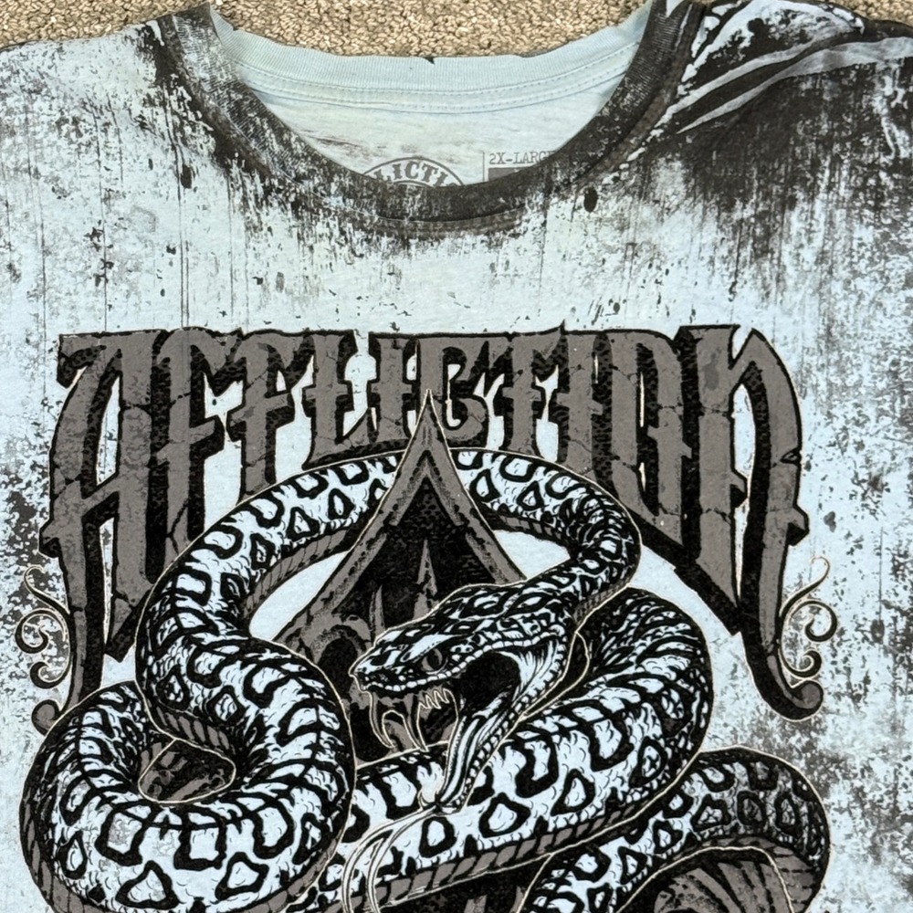 Affliction Graphic T-Shirt Mens 2XL Blue Black Snake Spade Acid Wash Y2K MMA